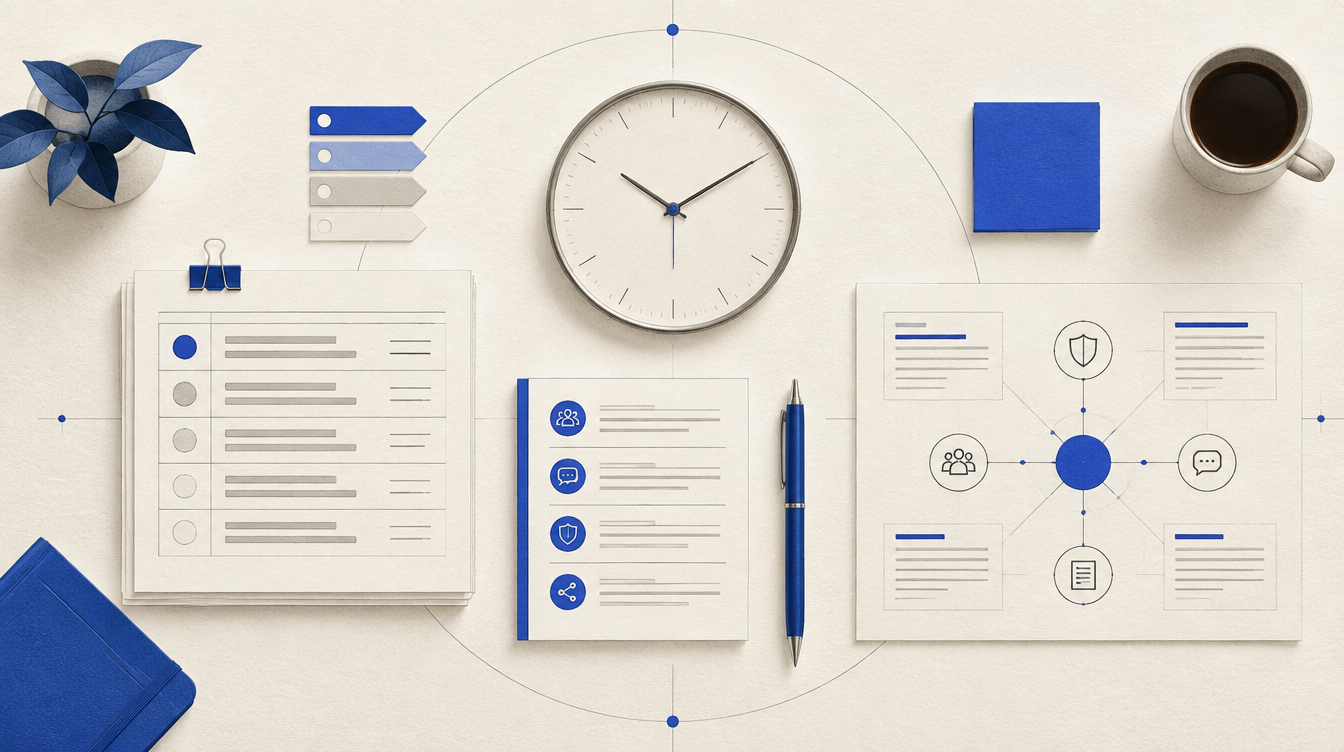 Desk with a checklist, clock, documents, and response workspace